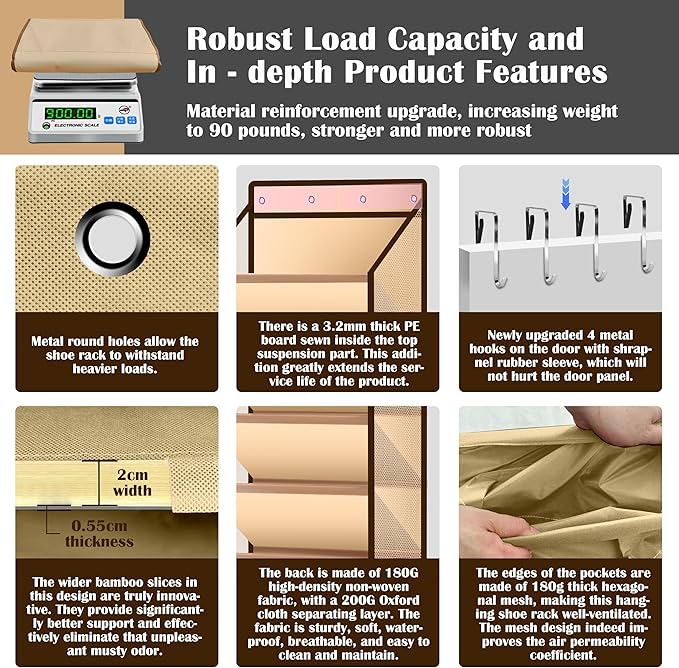 10 - Pocket Over - the - Door Hanging Shoe Organizers & Rack, Made of Sturdy 600D Oxford + Non - Woven Fabric, Space - Saving Storage for Shoes, Boots & More (Cream-colored)