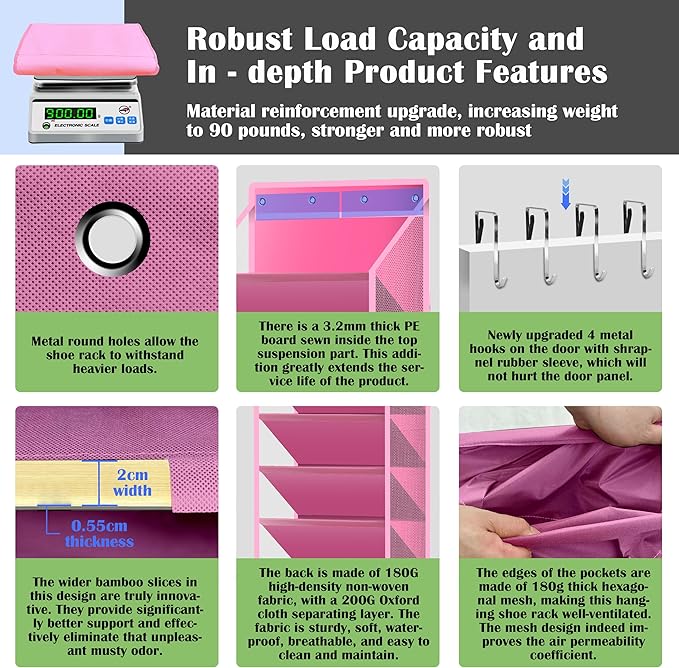 10 - Pocket Over - the - Door Hanging Shoe Organizers & Rack, Made of Sturdy 600D Oxford + Non - Woven Fabric, Space - Saving Storage for Shoes, Boots & More (Pink)