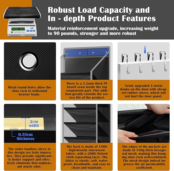 10 - Pocket Over - the - Door Hanging Shoe Organizers & Rack, Made of Sturdy 600D Oxford + Non - Woven Fabric, Space - Saving Storage for Shoes, Boots & More (Black)