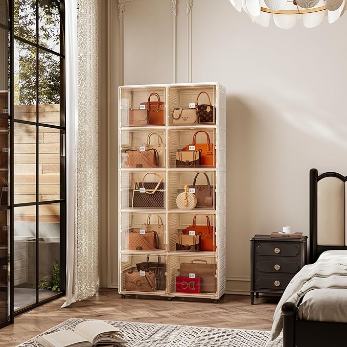 10 Cubbies Handbag Storage Organizer for Closet, Purse Organizer Cabinet with Magnetic Doors & Wheels, Foldable One-Piece Transparent Storage Box for Bags, Boots, Clothes, Toys, Books