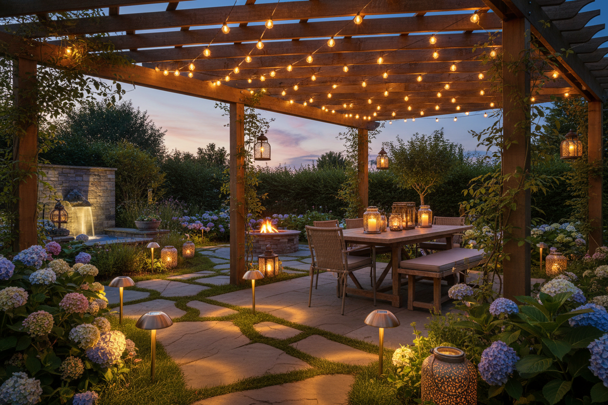 Lighting & Ambience: Solar lights, string lights, and lanterns that create the perfect mood for day or night. (make it real photo)