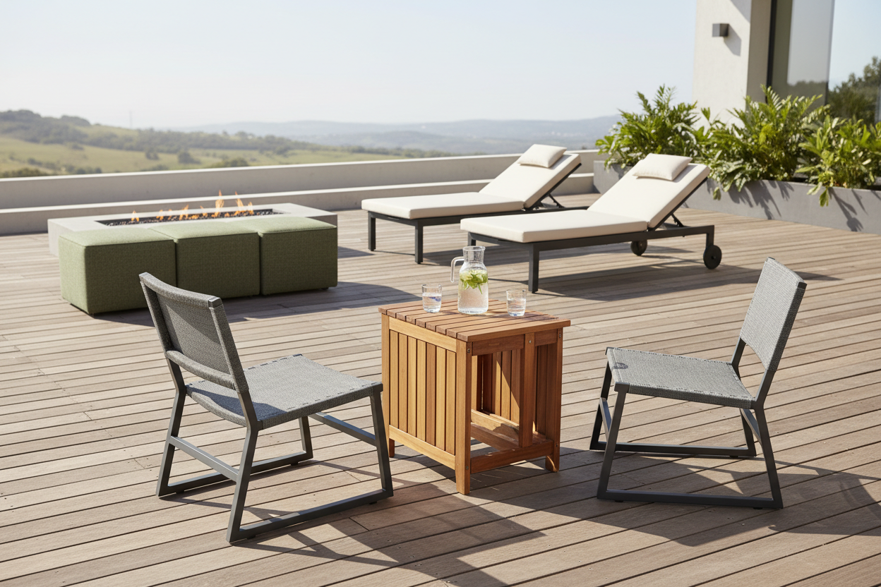 Outdoor Furniture: Compact chairs, foldable tables, loungers, and multi-purpose seating designed for small or large spaces. (make it real photo)